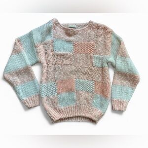 Vintage Deb Hand Knit Pink Peach White Patchwork Cottagecore Cozy Sweater SZ Sm